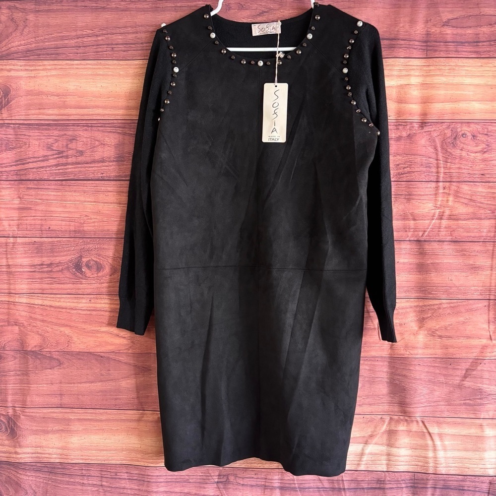 Sosia Italy Womens Black Faux Suede Studded Pearl Knit Long Sleeve Dress M18329 - Picture 8 of 8